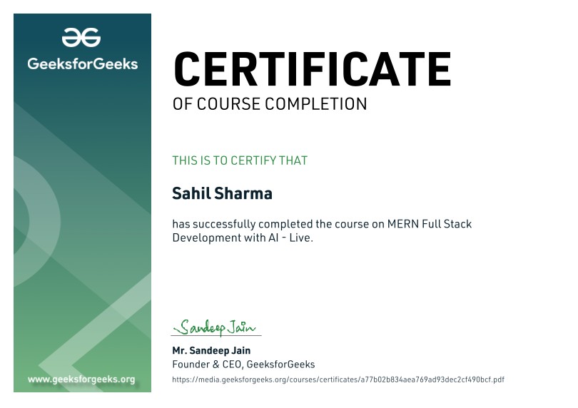 GeeksforGeeks certificate of course completion for MERN Full Stack Development with AI - Live, awarded to Sahil Sharma